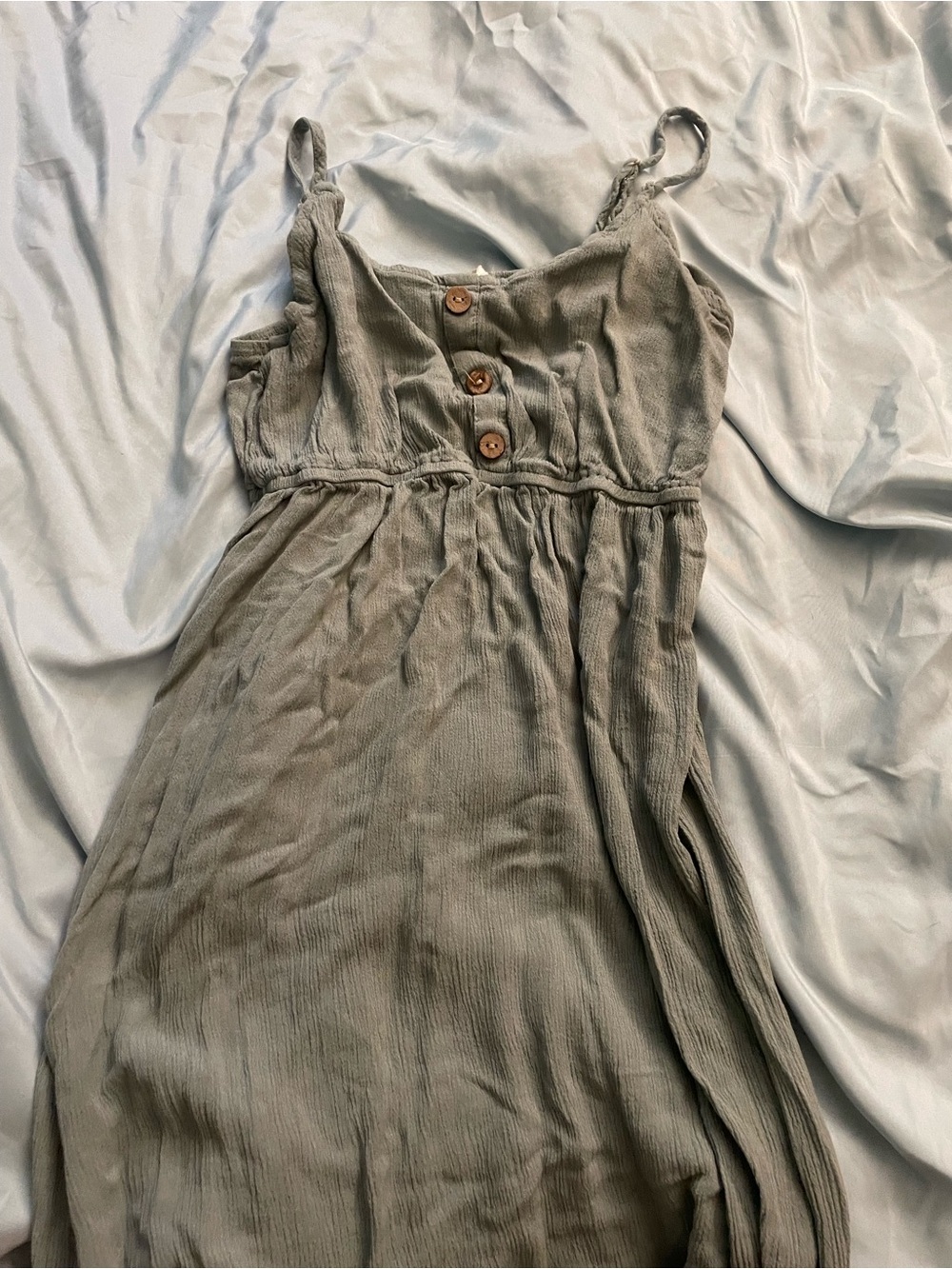 Pink Rose Olive-Green Spaghetti Strap Maxi Dress with Wooden Buttons